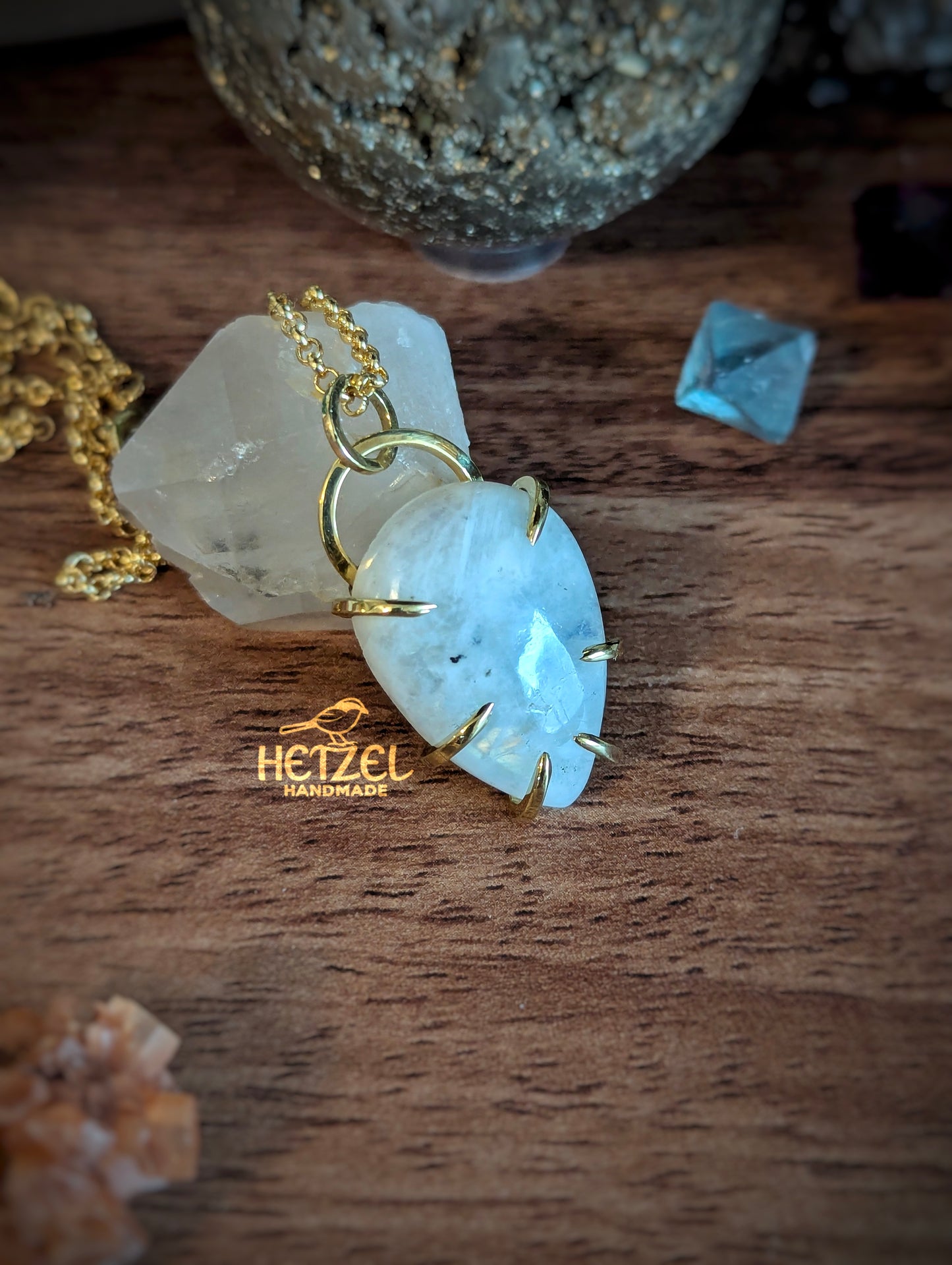 First Light – Rainbow Moonstone Brass Wire Wrapped Pendant Necklace