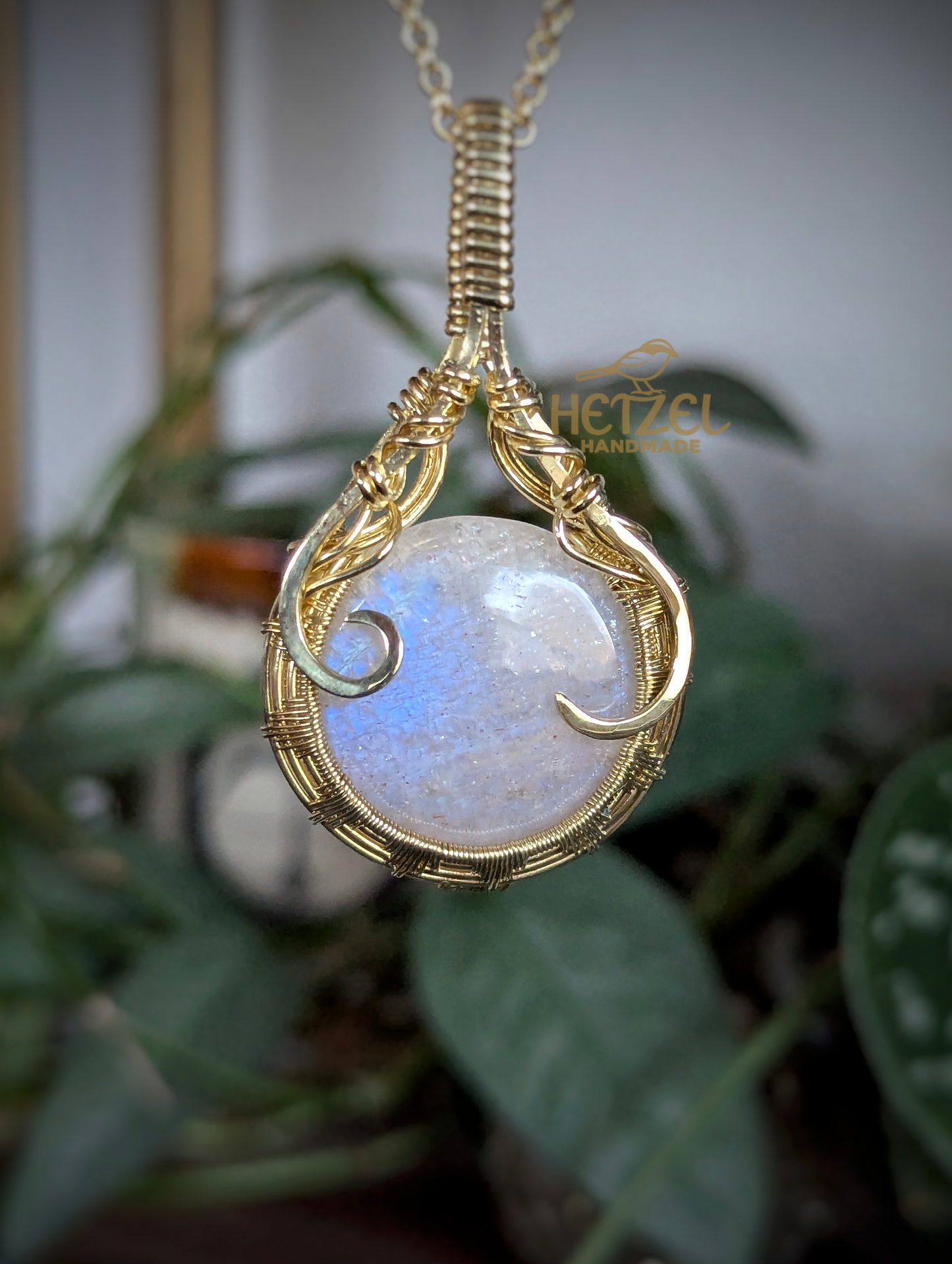 Solar Flare – Blue Moonstone Wire Wrapped Pendant Necklace