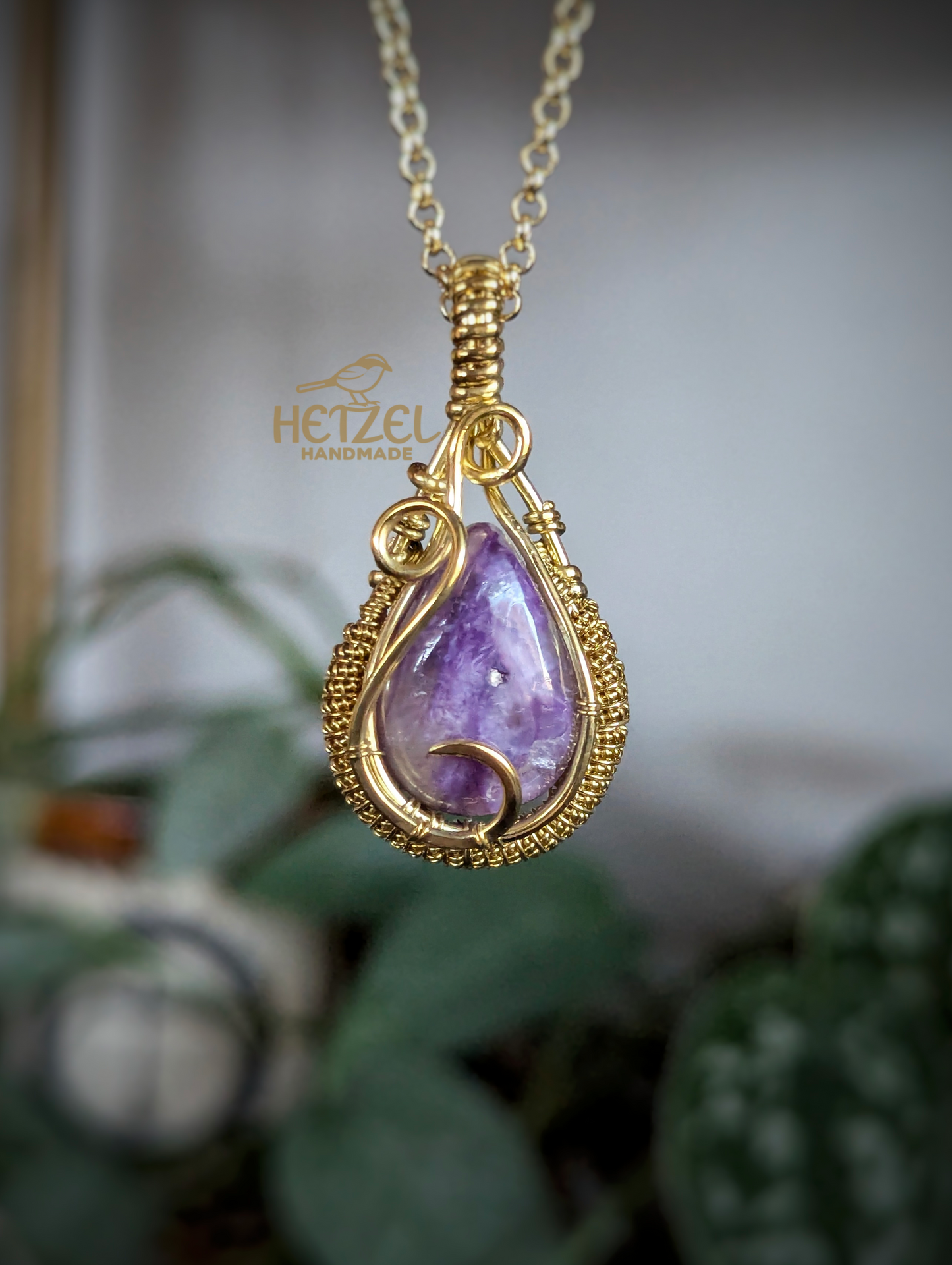 Mystic Veil – Charoite Wire Wrapped Pendant Necklace