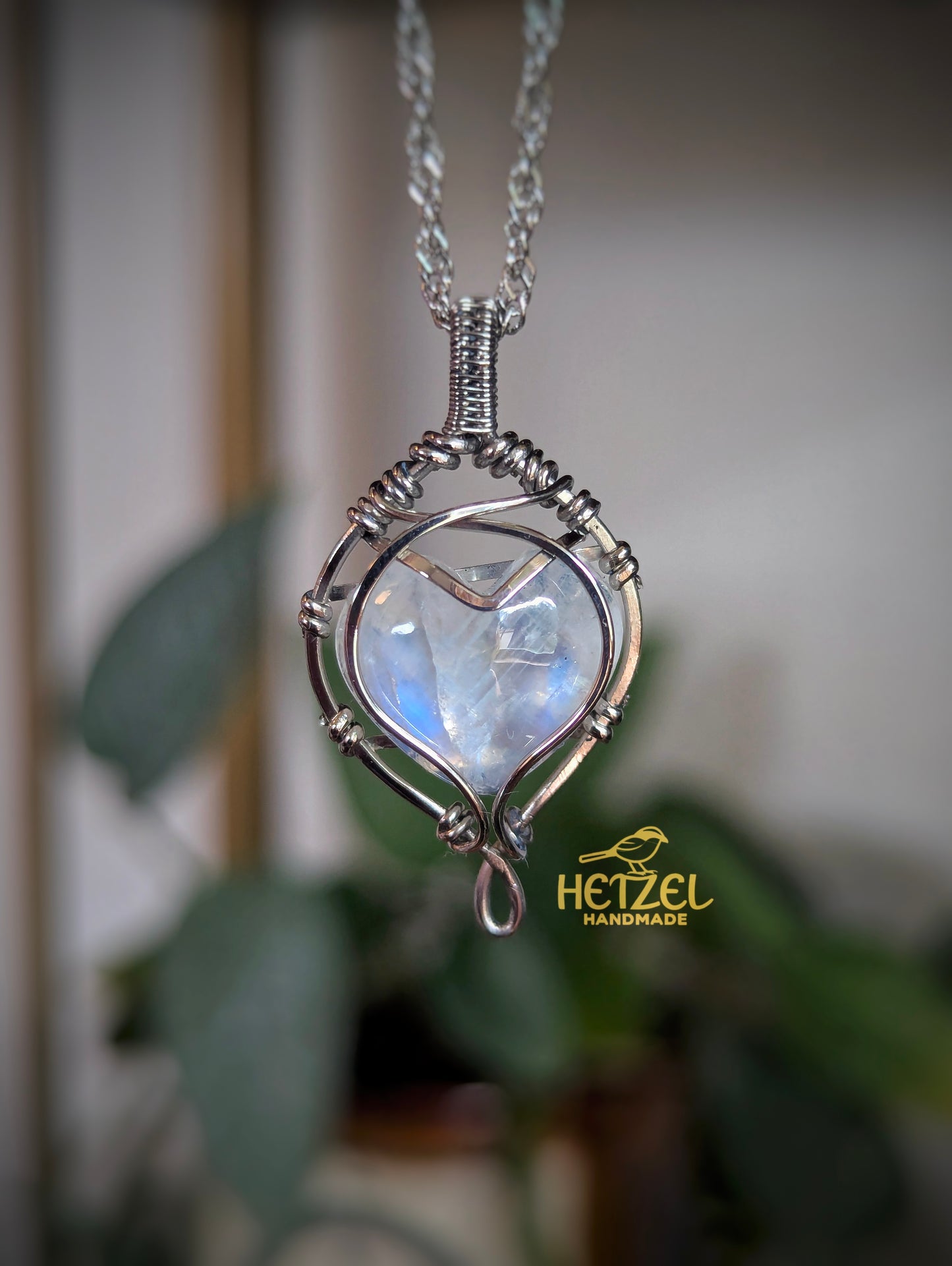 Lowlight – Rainbow Moonstone Wire Wrapped Heart Pendant Necklace