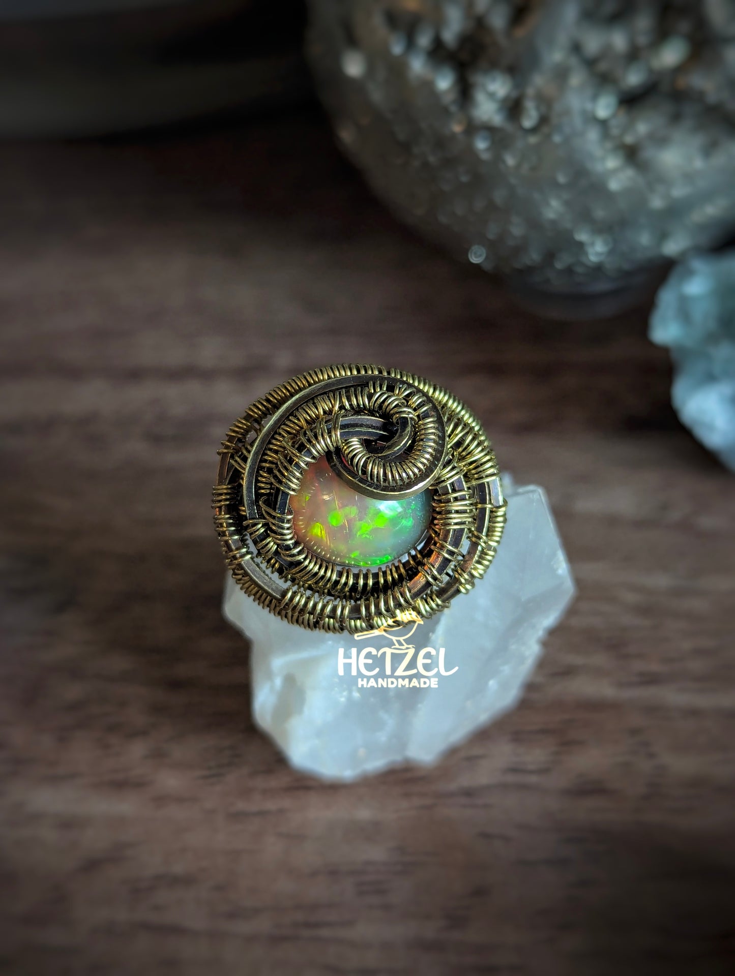 Celestial Swirl – Ethiopian Opal Brass Wire Wrapped Ring