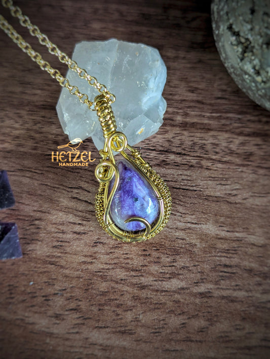 Mystic Veil – Charoite Wire Wrapped Pendant Necklace