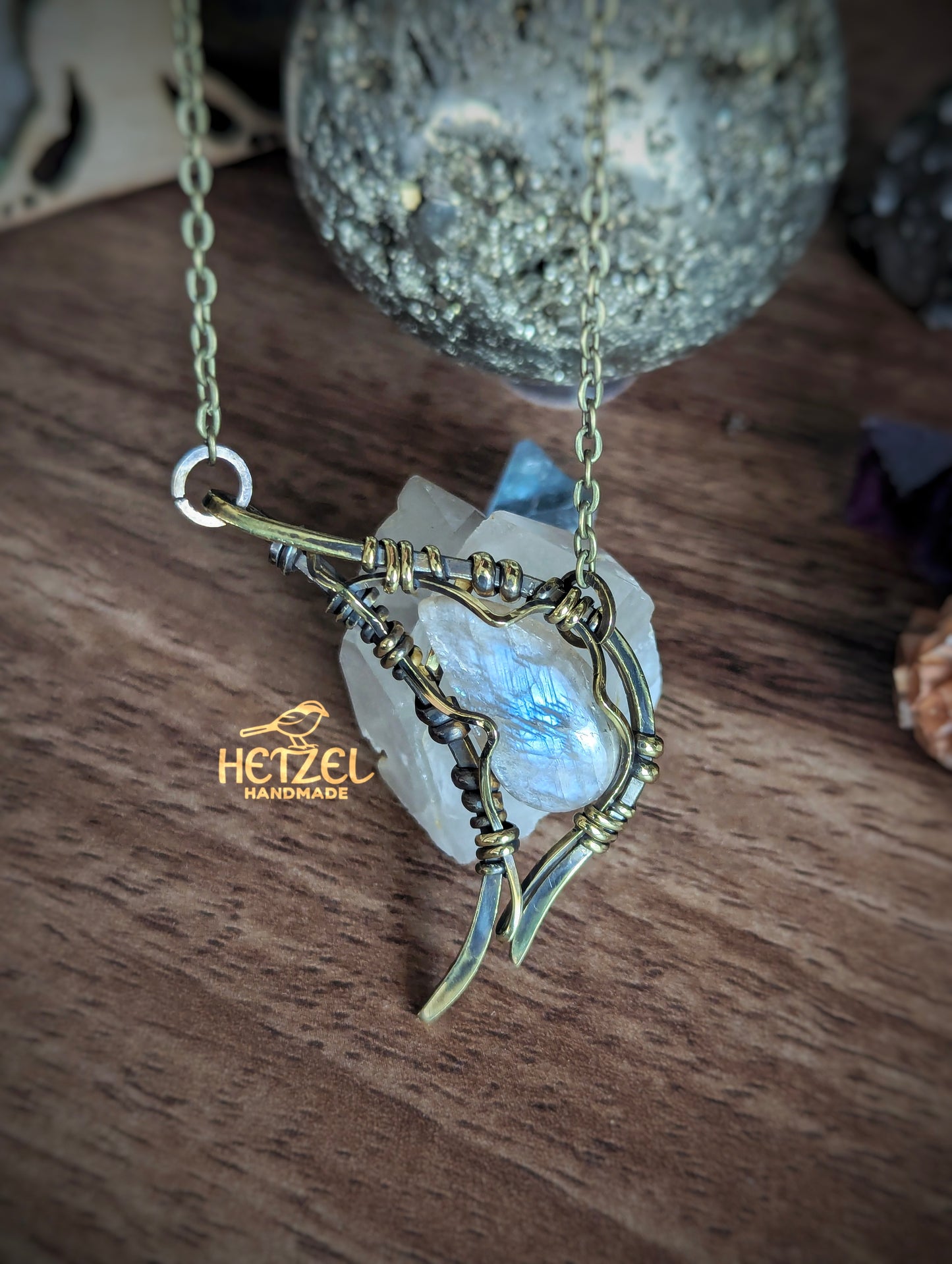 Runeblade – Belomorite Antiqued Brass Wire Wrapped Pendant Necklace