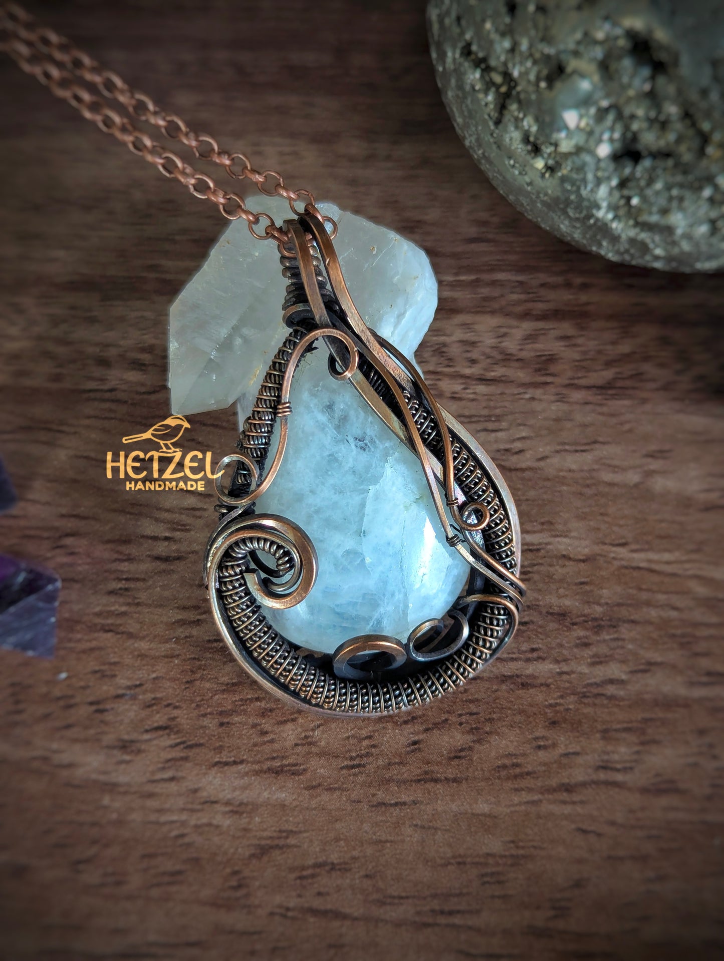 Moonveil – Rainbow Moonstone Antiqued Copper Wire Wrapped Pendant Necklace