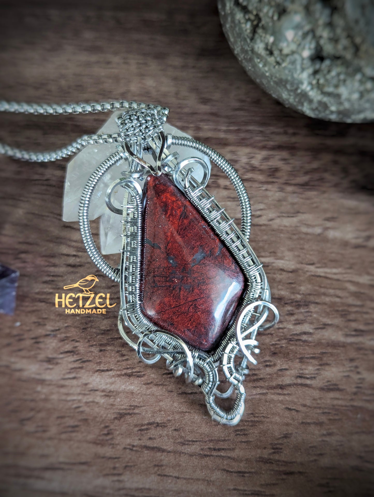 Crimson Geometry – Brecciated Jasper Wire Wrapped Pendant Necklace