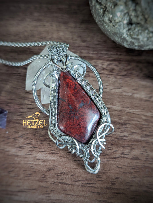 Crimson Geometry – Brecciated Jasper Wire Wrapped Pendant Necklace