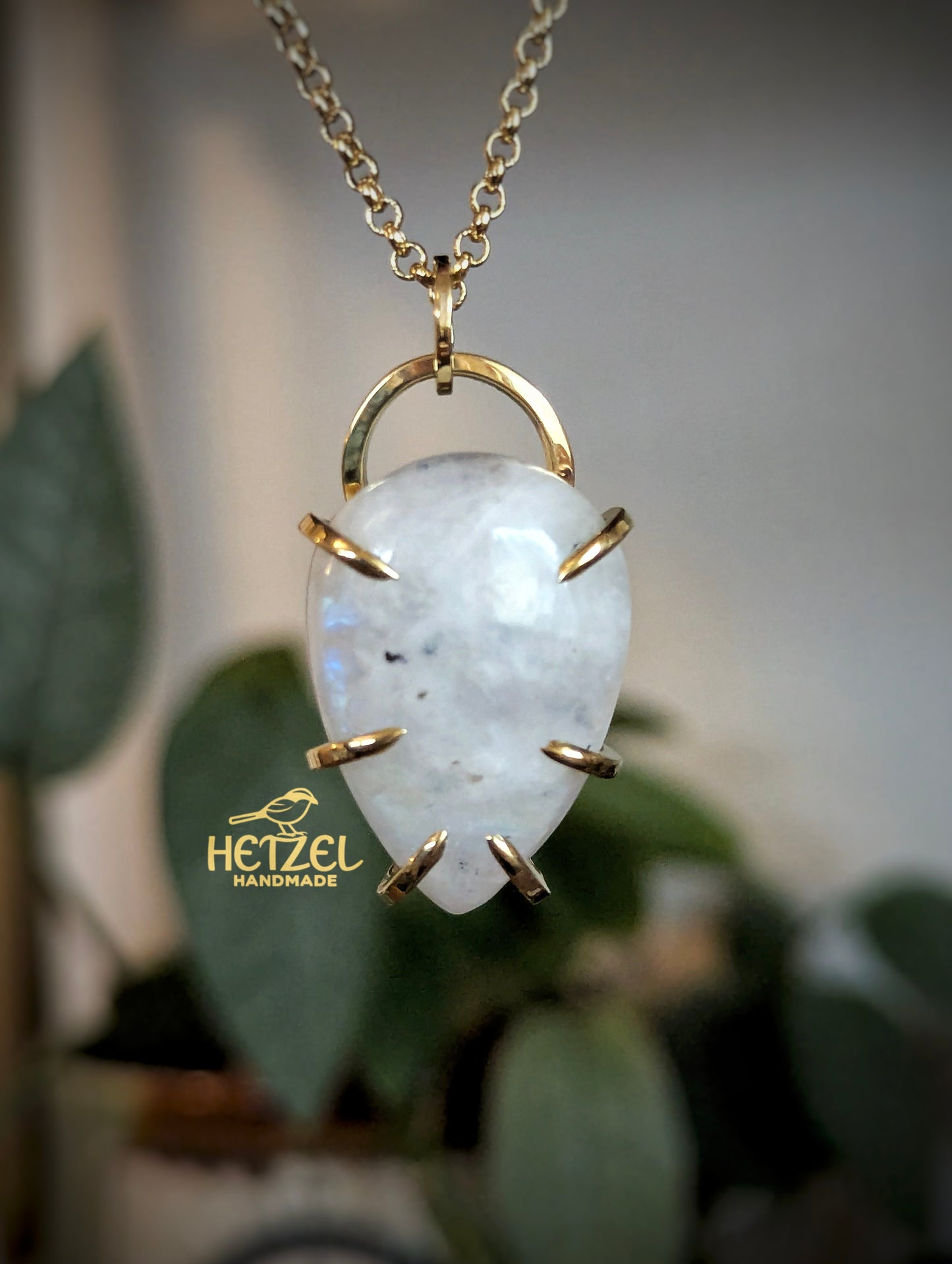 First Light – Rainbow Moonstone Brass Wire Wrapped Pendant Necklace