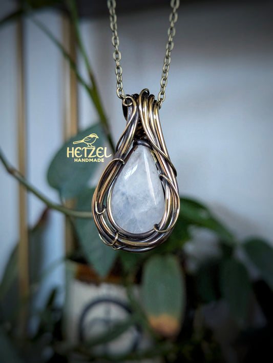 Still Water – Rainbow Moonstone Antiqued Brass Wire Wrapped Pendant Necklace