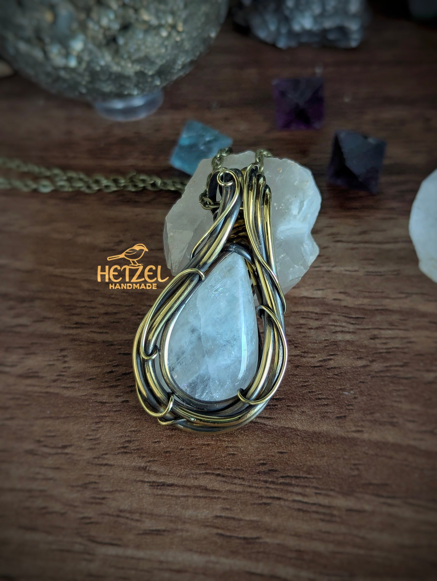 Still Water – Rainbow Moonstone Antiqued Brass Wire Wrapped Pendant Necklace