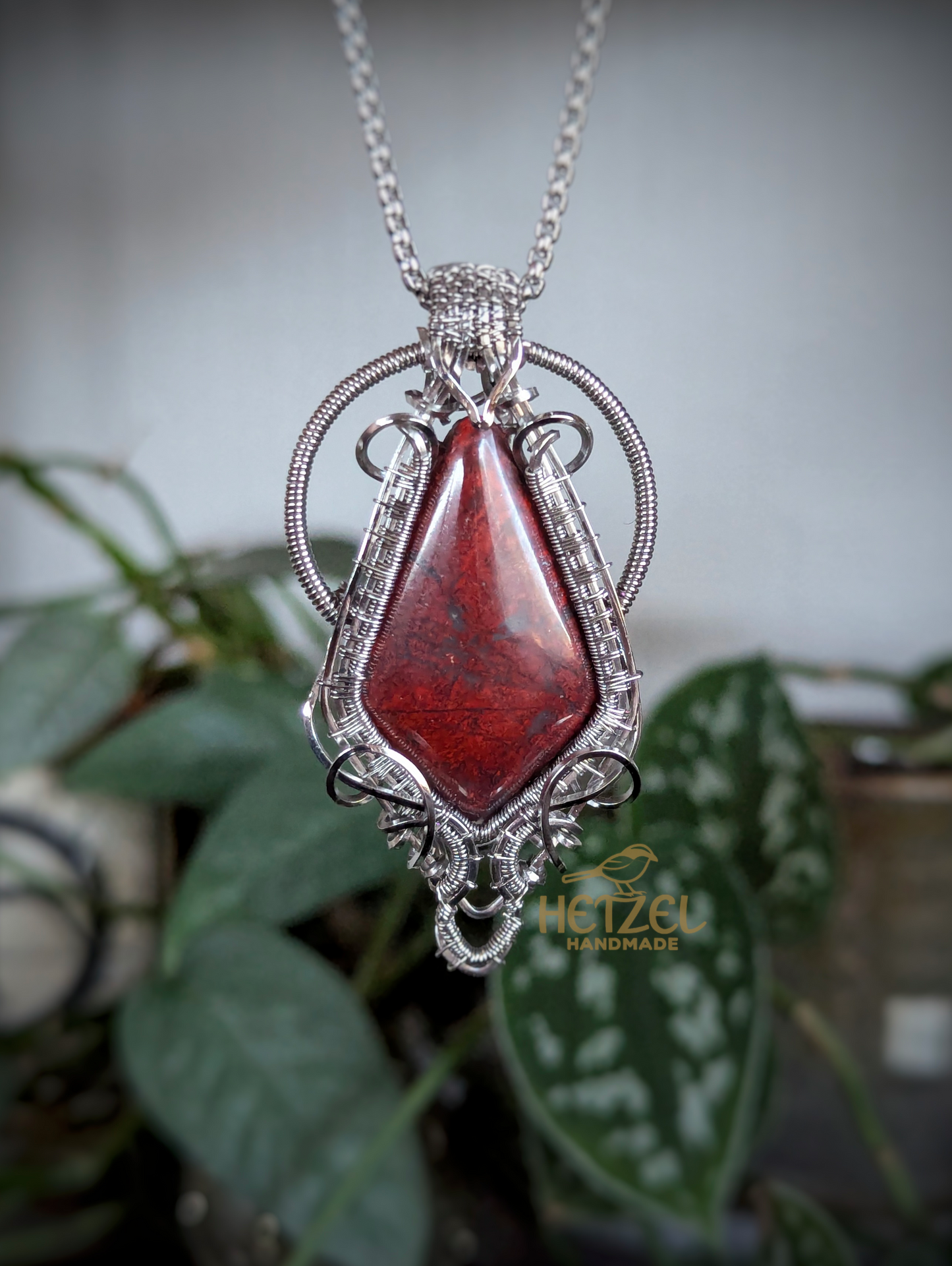 Crimson Geometry – Brecciated Jasper Wire Wrapped Pendant Necklace