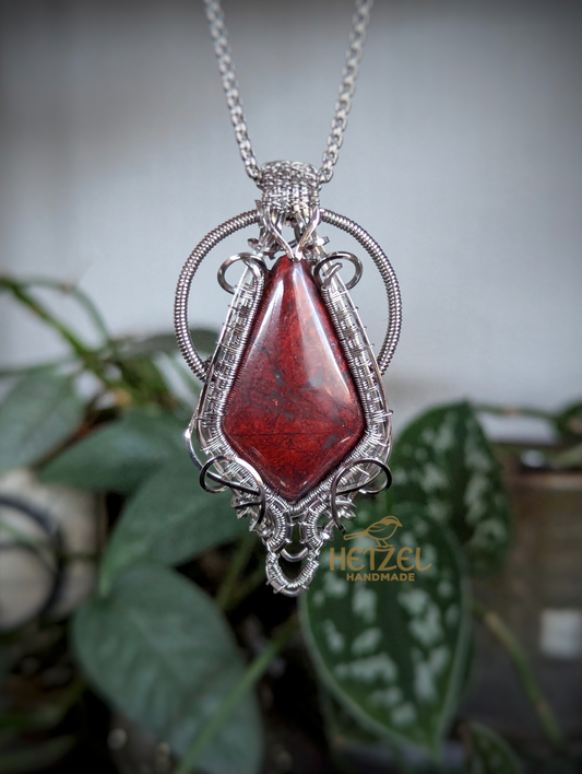 Crimson Geometry – Brecciated Jasper Wire Wrapped Pendant Necklace