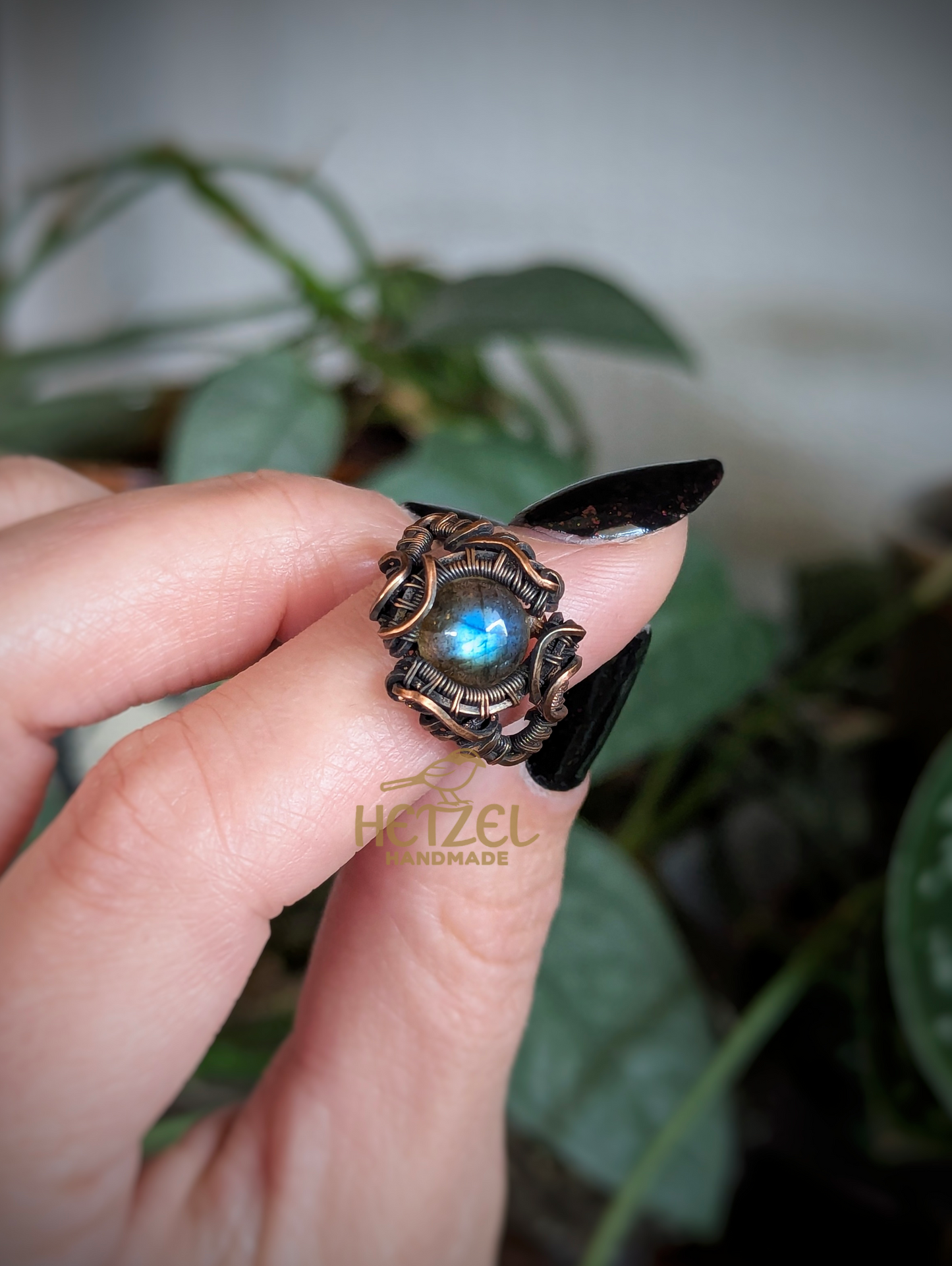 Etheric Gear – Antiqued Copper Labradorite Wire Wrapped Ring