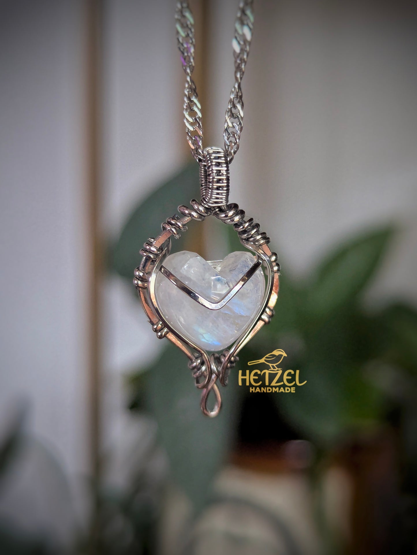 Sidewater – Rainbow Moonstone Wire Wrapped Heart Pendant Necklace