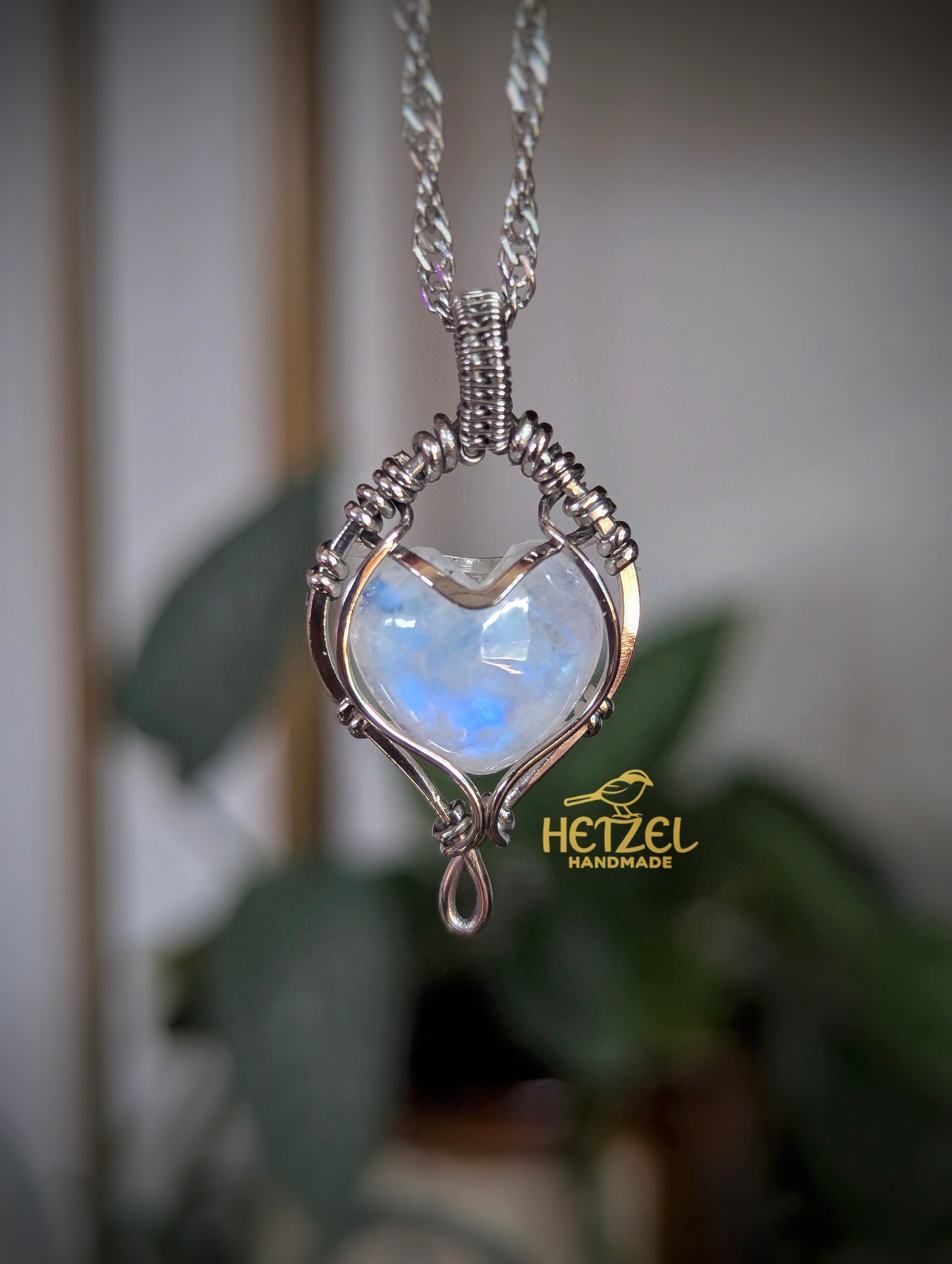 Glasstide – Rainbow Moonstone Wire Wrapped Heart Pendant Necklace