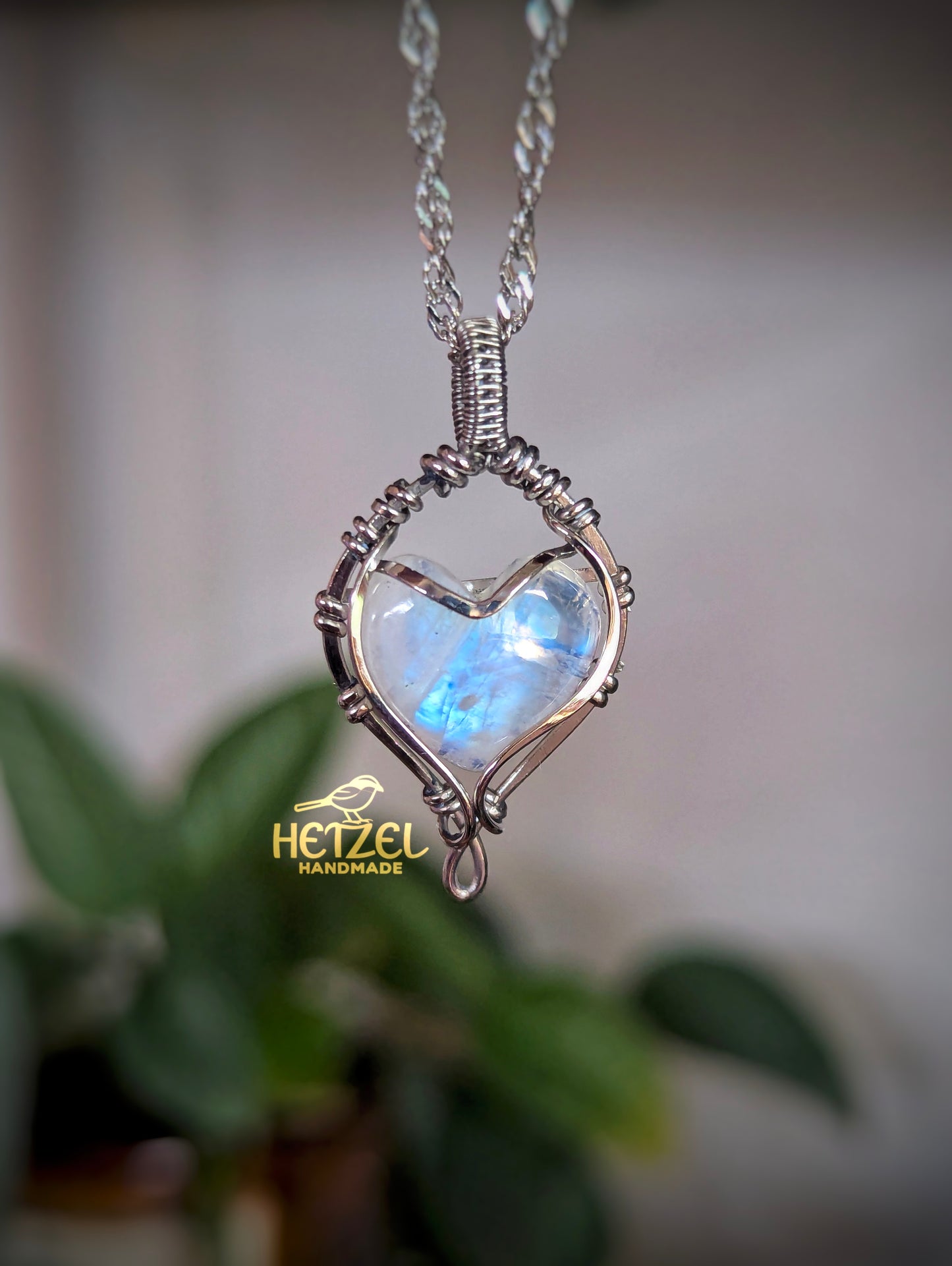 Undertow – Rainbow Moonstone Wire Wrapped Heart Pendant Necklace