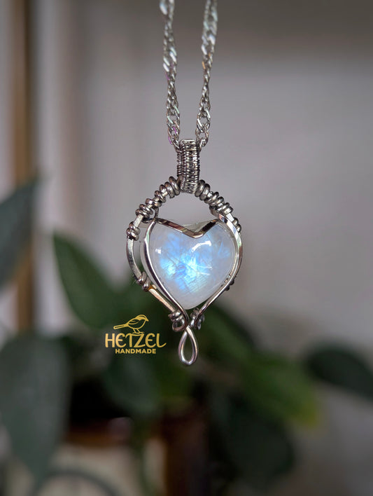 Shoalwater – Rainbow Moonstone Wire Wrapped Heart Pendant Necklace