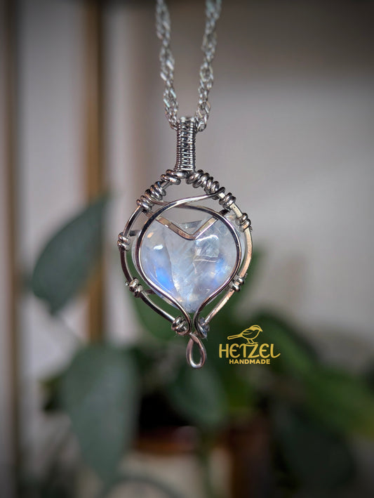 Lowlight – Rainbow Moonstone Wire Wrapped Heart Pendant Necklace