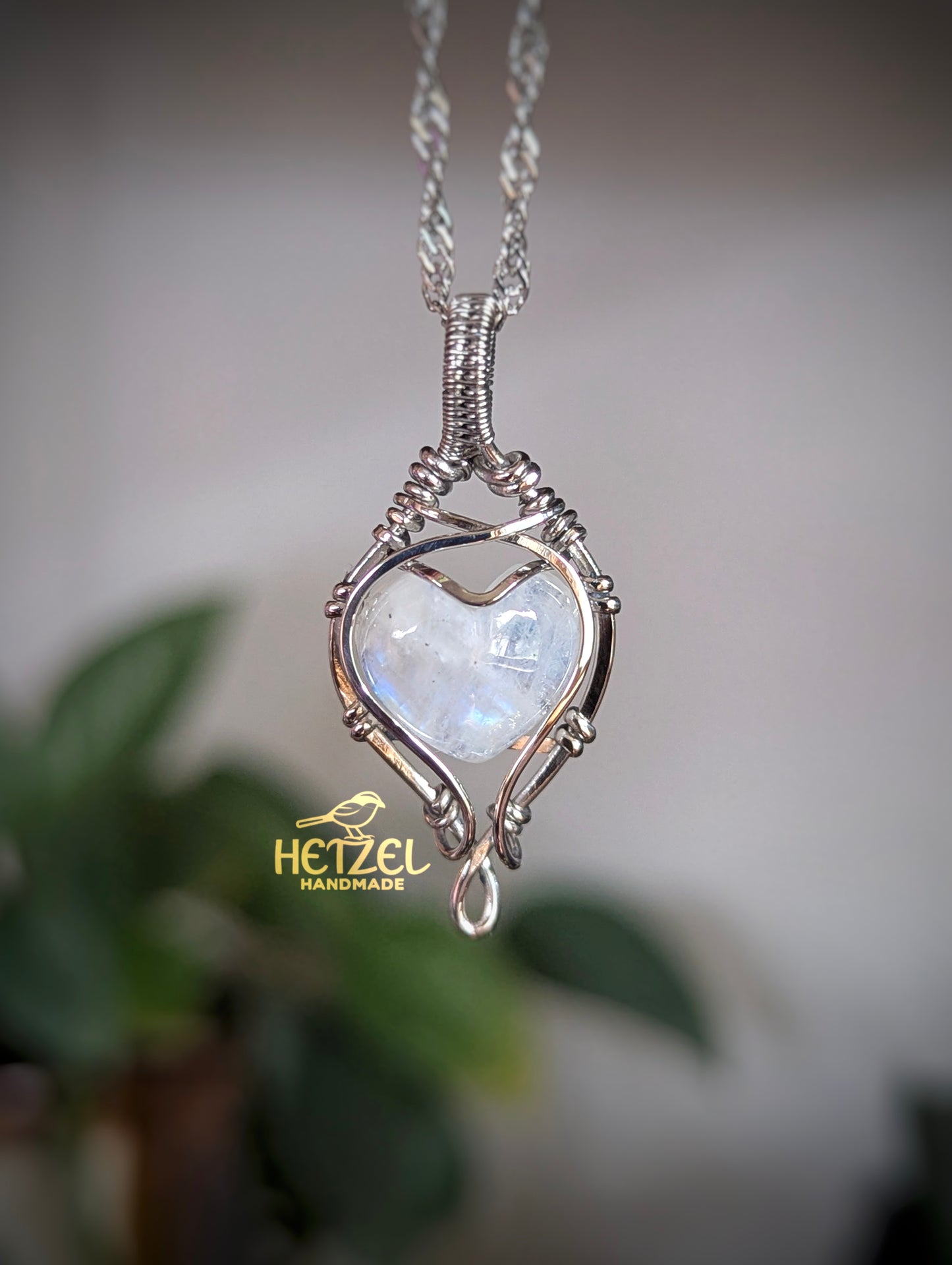 Clearwater – Rainbow Moonstone Wire Wrapped Heart Pendant Necklace