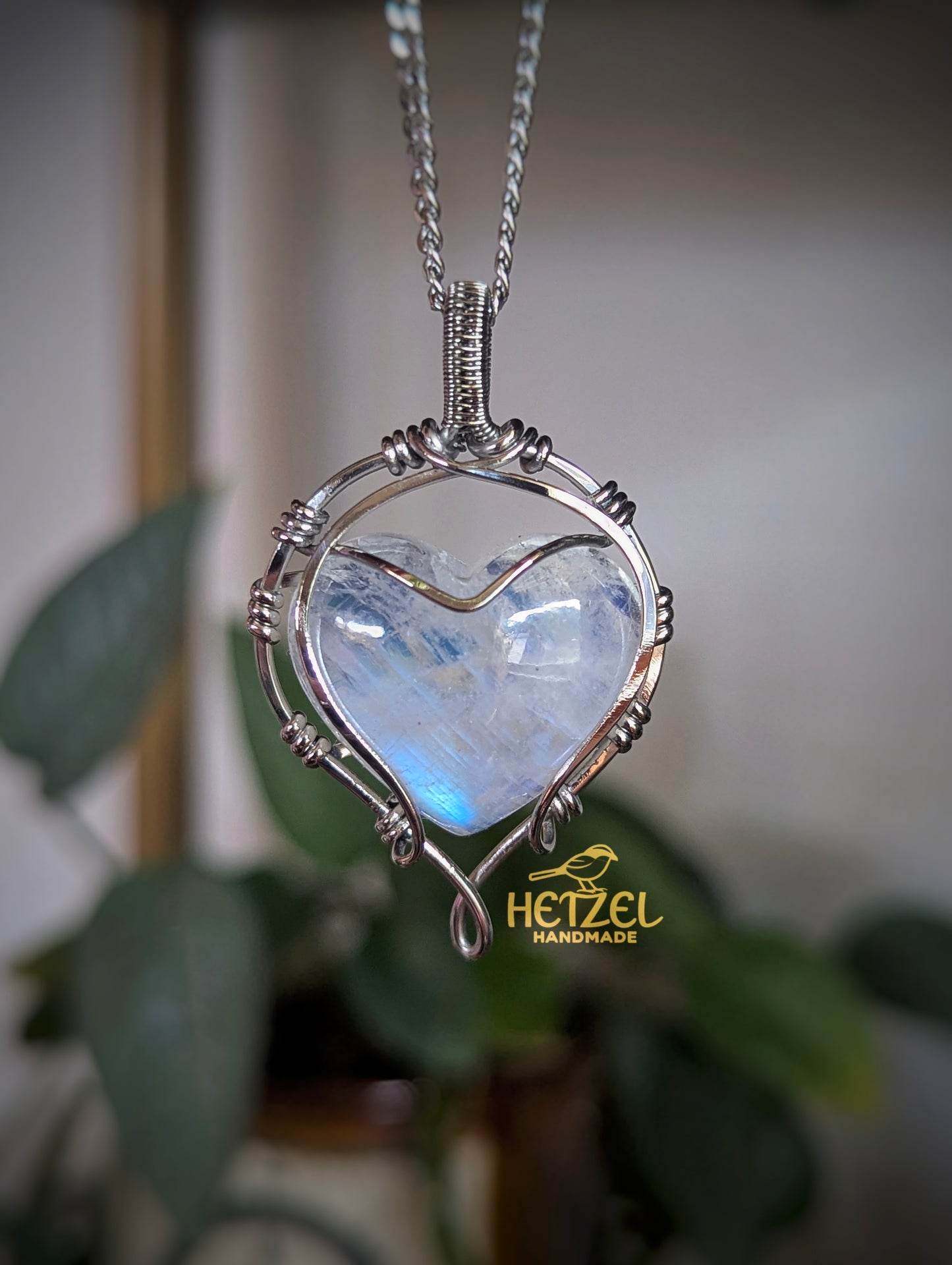 Brightwater – Rainbow Moonstone Wire Wrapped Heart Pendant Necklace