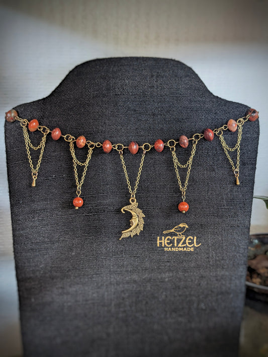 Crescent Moon — Red Rainbow Jasper Antiqued Bronze Chandelier Necklace