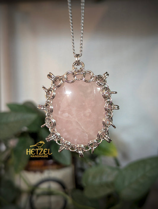 Rosewoven — Rose Quartz & Stainless Steel Chainmail Necklace