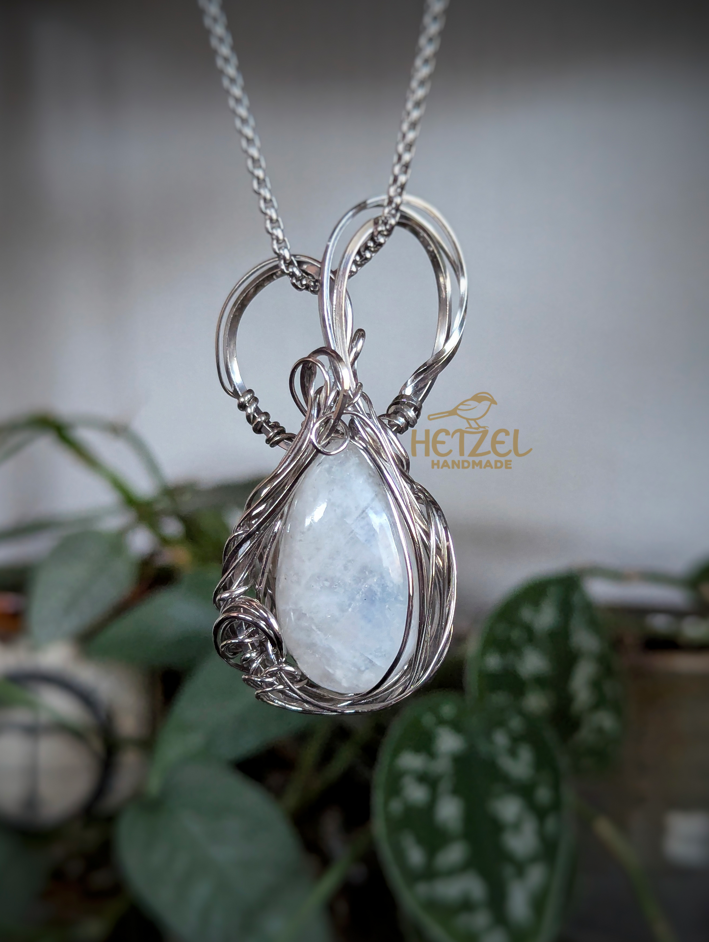 Celestial Glow – Rainbow Moonstone Wire Wrapped Pendant Necklace