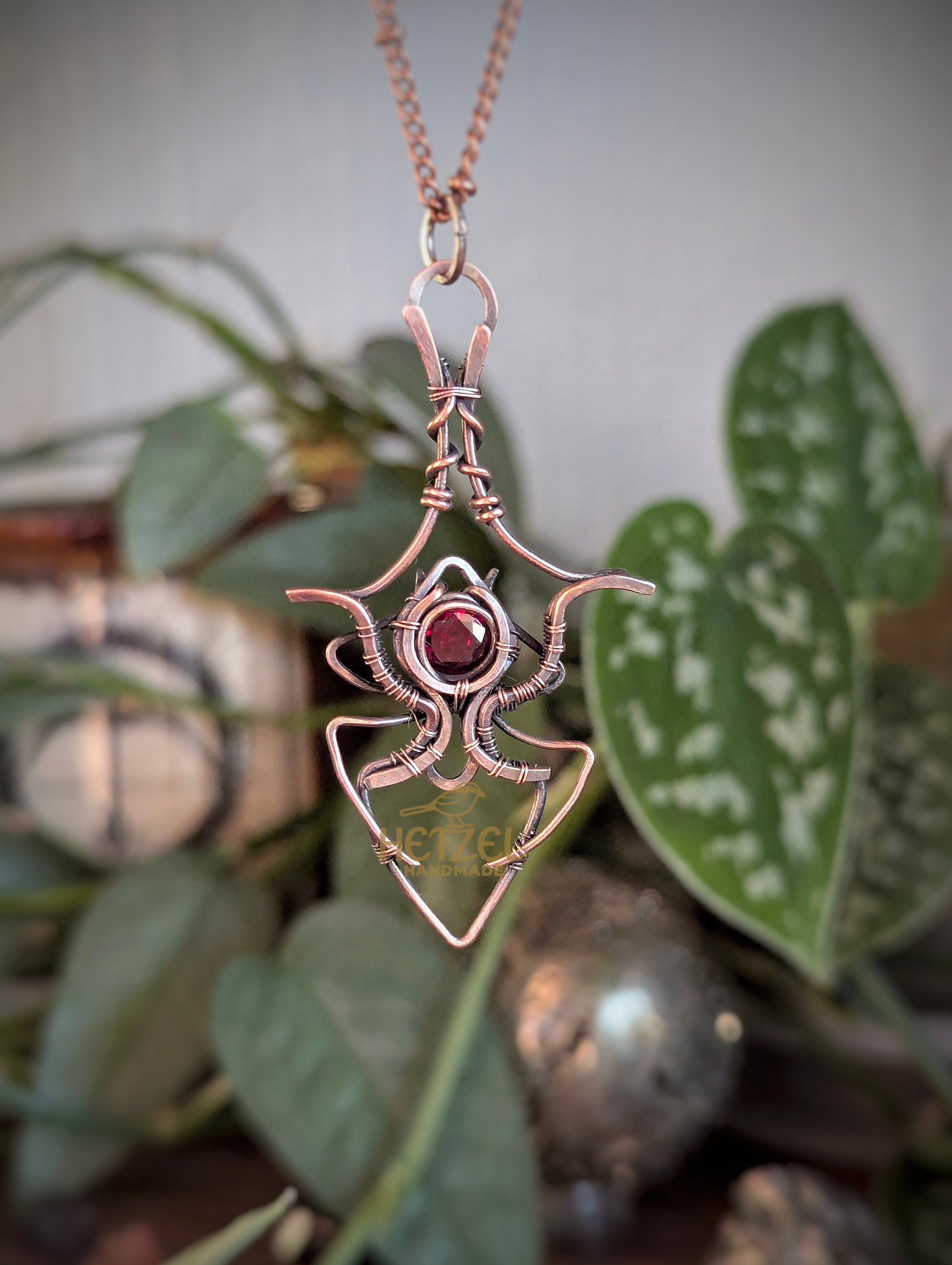 Crimson Web – Red CZ Spider Wire Wrapped Pendant Necklace