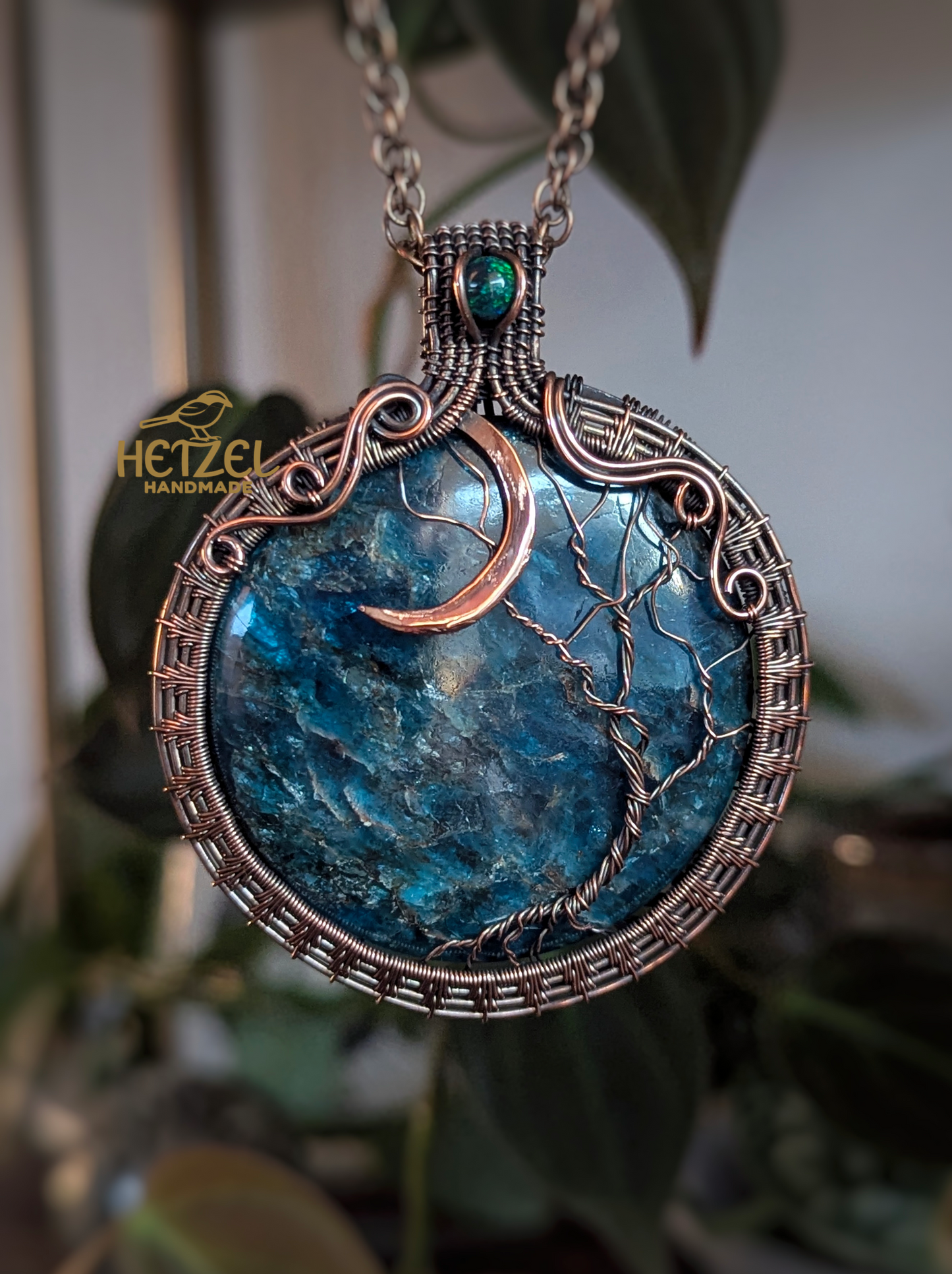 Midnight Grove – Apatite & Opal Wire Wrapped Pendant Necklace