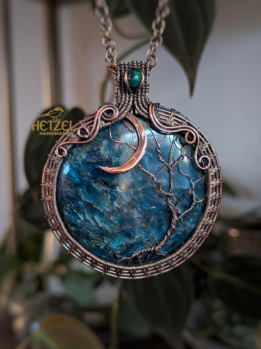 Midnight Grove – Apatite & Opal Wire Wrapped Pendant Necklace