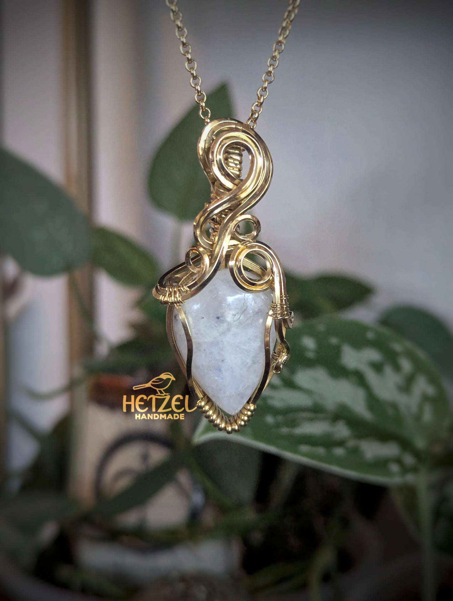 Aurora Drift – Rainbow Moonstone Brass Wire Wrapped Pendant Necklace