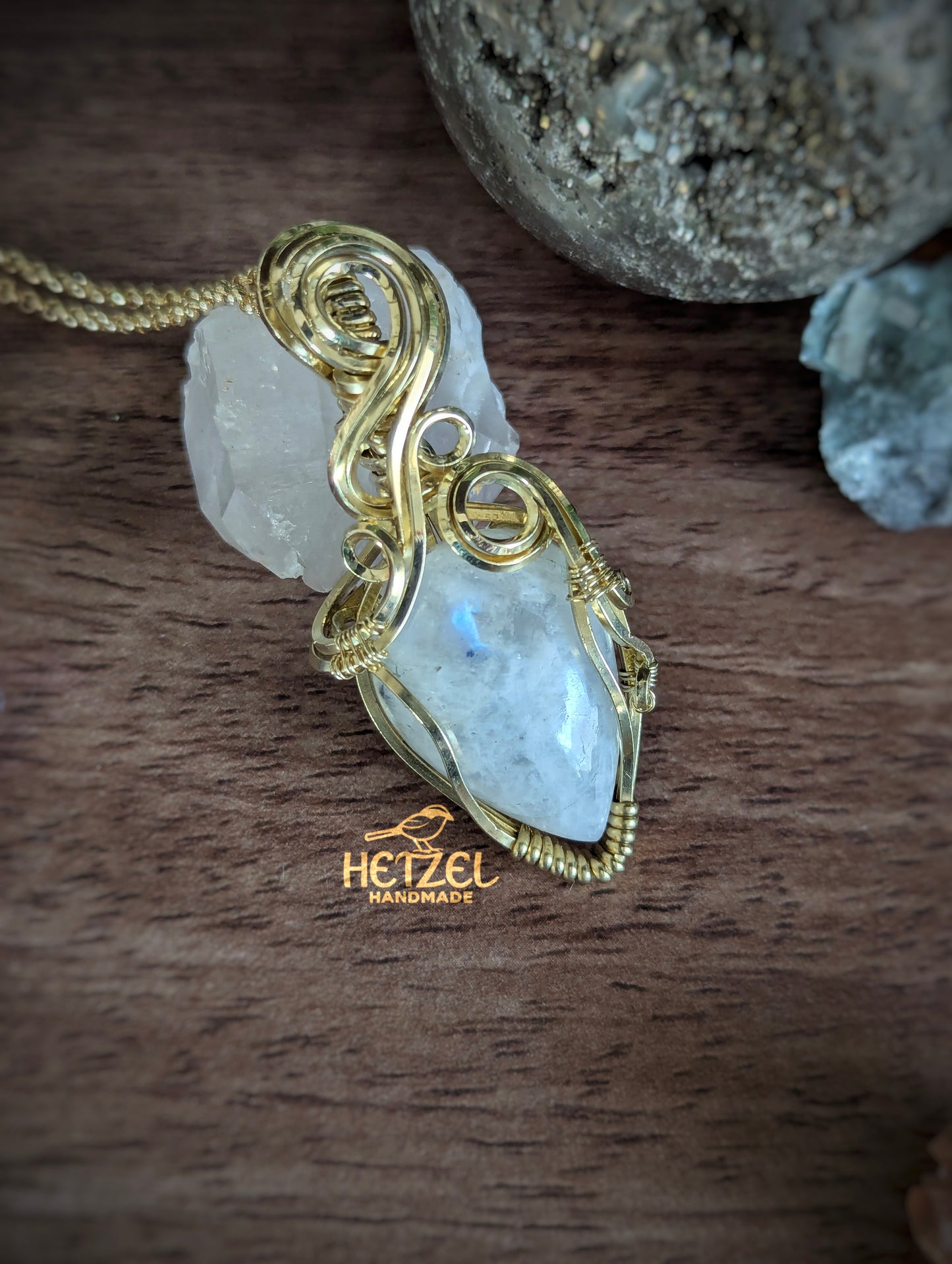 Aurora Drift – Rainbow Moonstone Brass Wire Wrapped Pendant Necklace