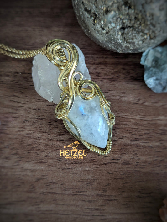 Aurora Drift – Rainbow Moonstone Brass Wire Wrapped Pendant Necklace