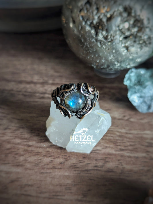 Etheric Gear – Antiqued Copper Labradorite Wire Wrapped Ring