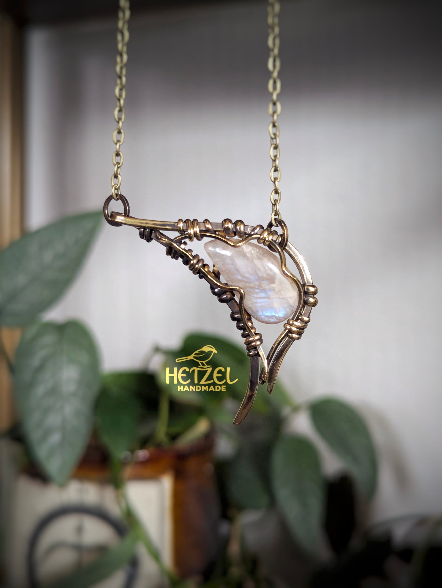 Runeblade – Belomorite Antiqued Brass Wire Wrapped Pendant Necklace