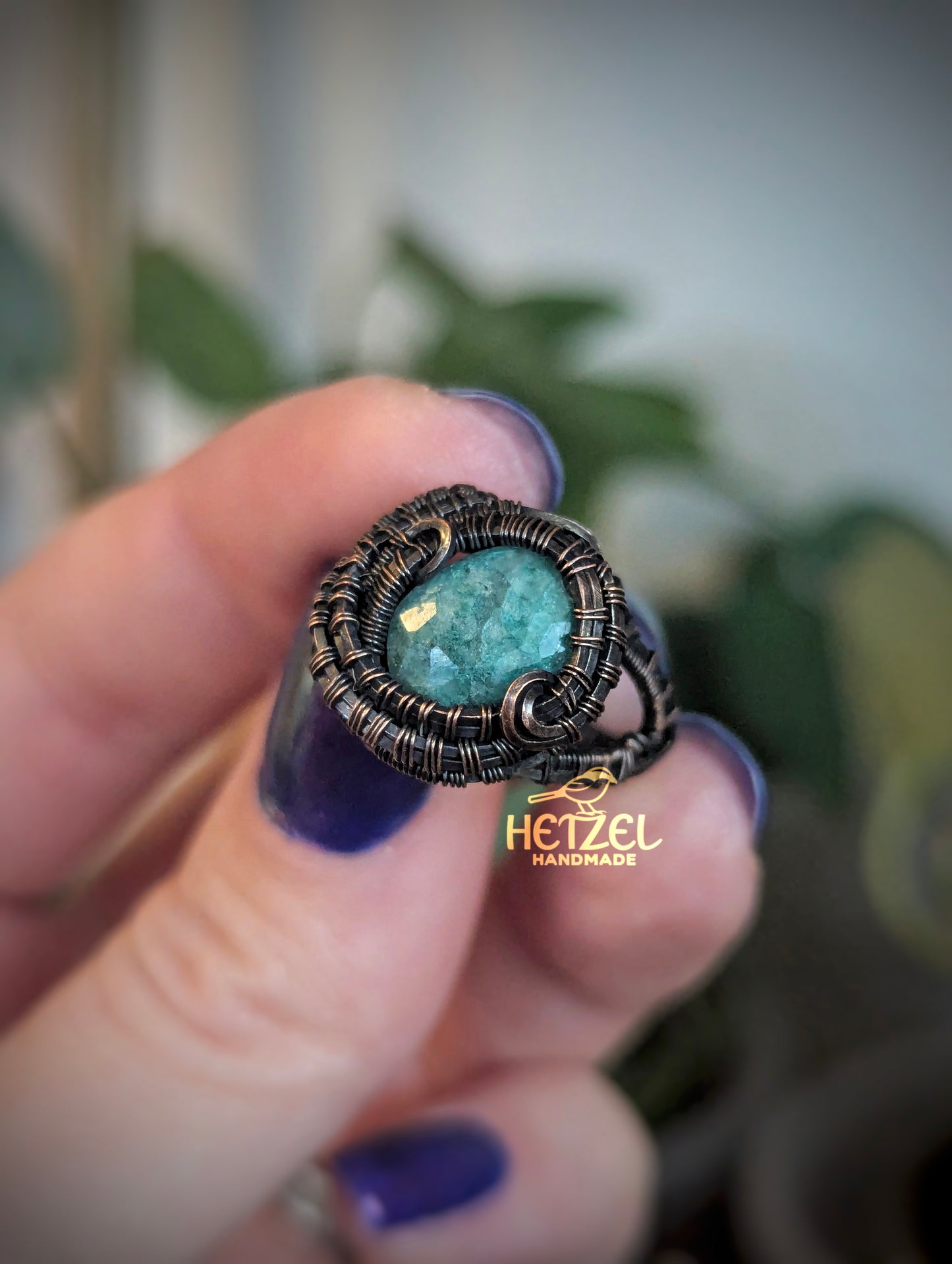 Emerald Warden – Emerald Antiqued Copper Wire Wrapped Ring