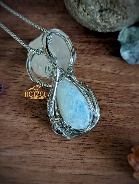Celestial Glow – Rainbow Moonstone Wire Wrapped Pendant Necklace